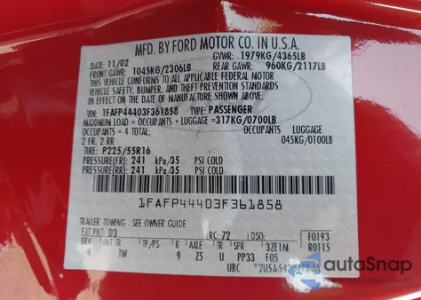 2003 Ford Mustang from USA, damaged, VIN 1FAFP44403F361858